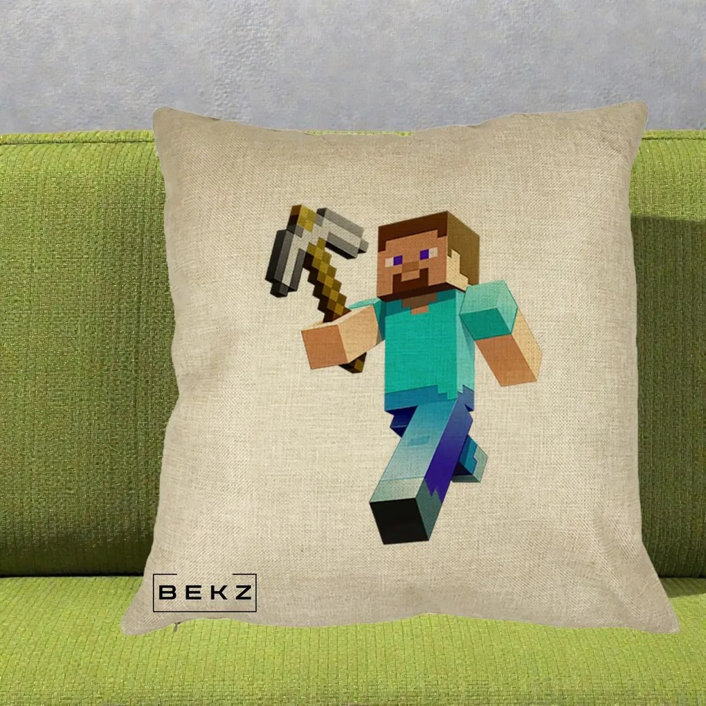 Perna Personalizata Minecraft Steve cu Tarnacop, 40x40 cm, Crem, Husa Detasabila, Perna Inclusa, BEKZ®