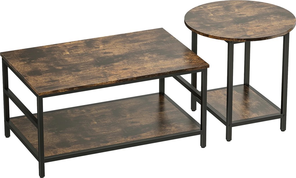 HOMCOM Set mese de cafea, 2 piese, masă dreptunghiulară și rotundă cu depozitare în 2 nivele, maro rustic | Aosom Romania