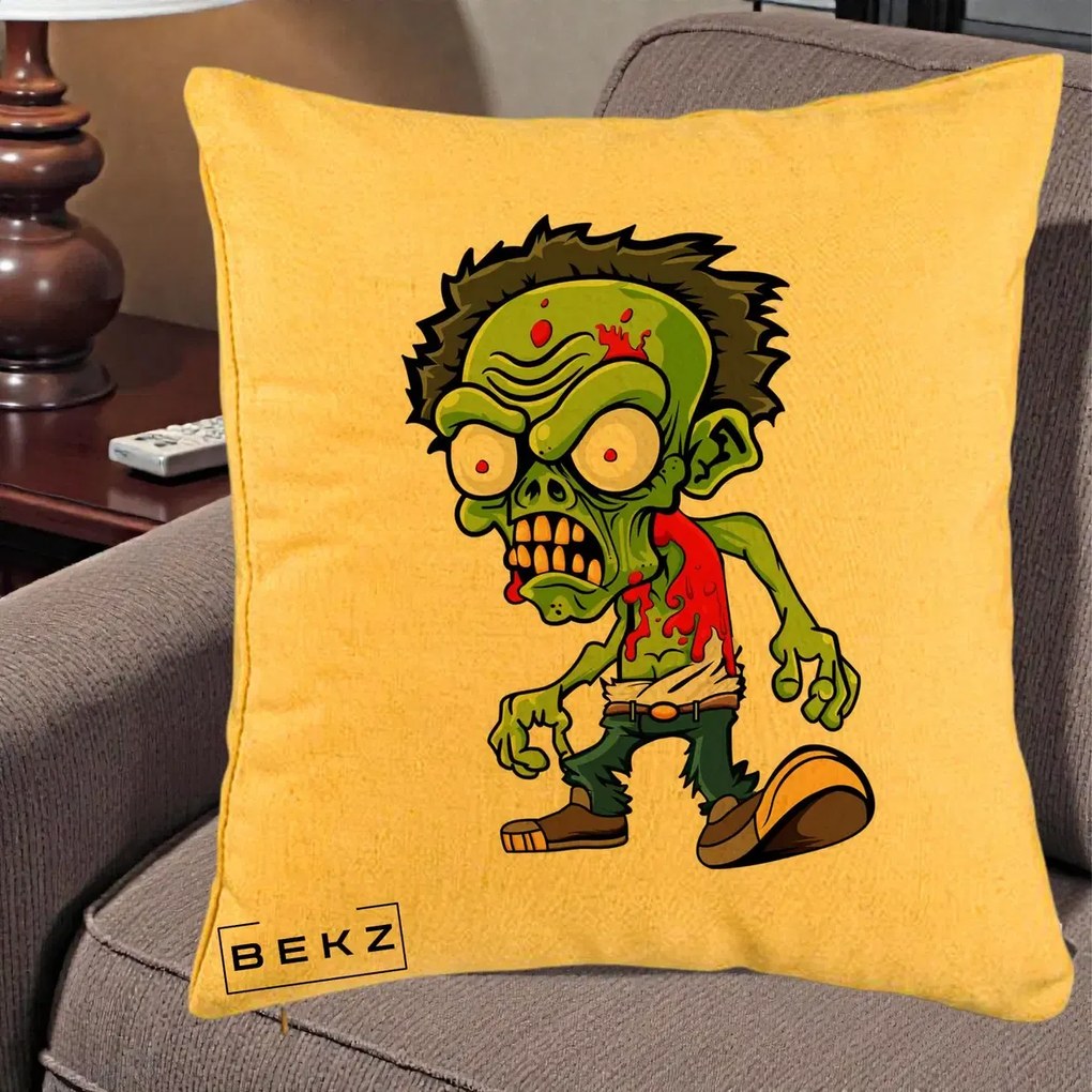 Perna Decorativa Zombie Halloween, 40x40 cm, Galben, Husa Detasabila, Perna Inclusa, BEKZ®