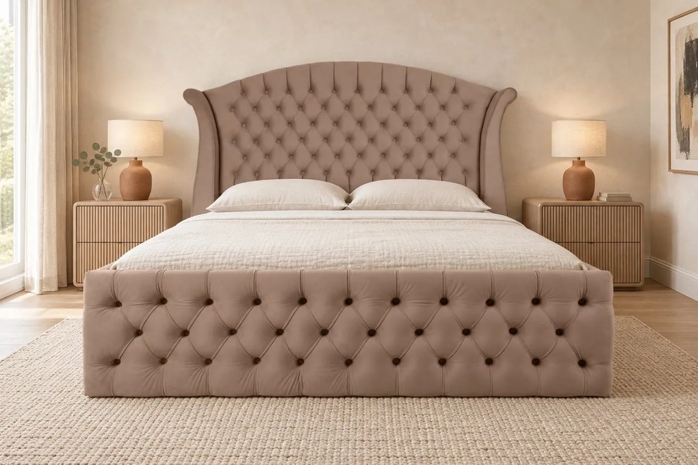 Pat tapițat Chesterfield din catifea Sorella Simple 160×200 cm, cappuccino, cu ladă de depozitare