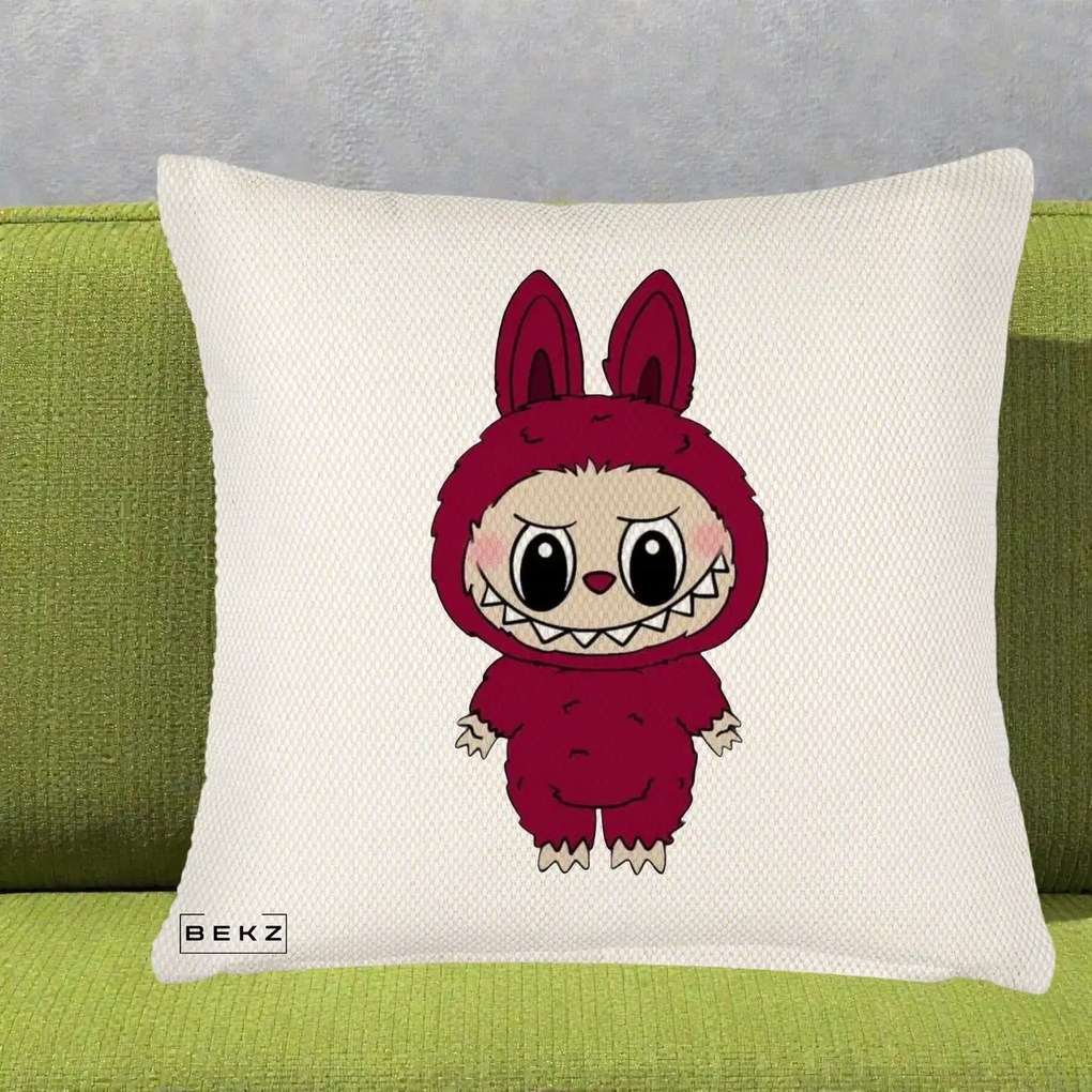 Perna Personalizata Labubu Rosu-Visiniu Solo, 40x40 cm, Crem Reliefat, Husa Detasabila, Perna Inclusa, BEKZ®