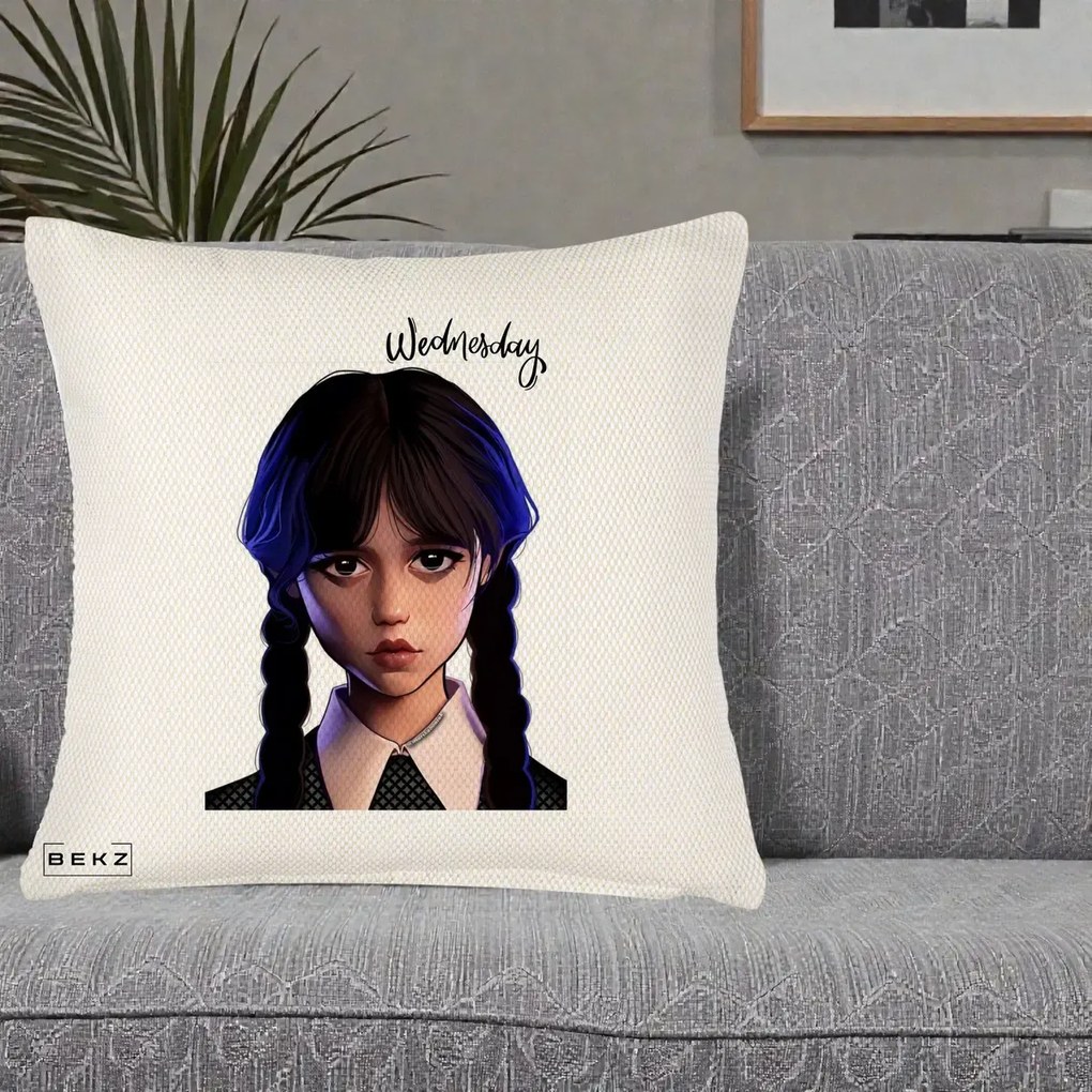 Perna Personalizata Wednesday Addams Portret Realist, 40x40 cm, Crem Reliefat, Husa Detasabila, Perna Inclusa, BEKZ®
