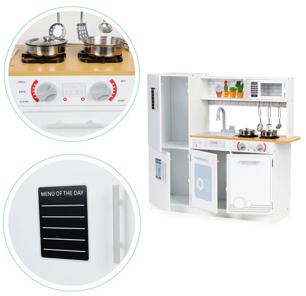 Bucătărie din lemn pentru copii cu lumini și oale