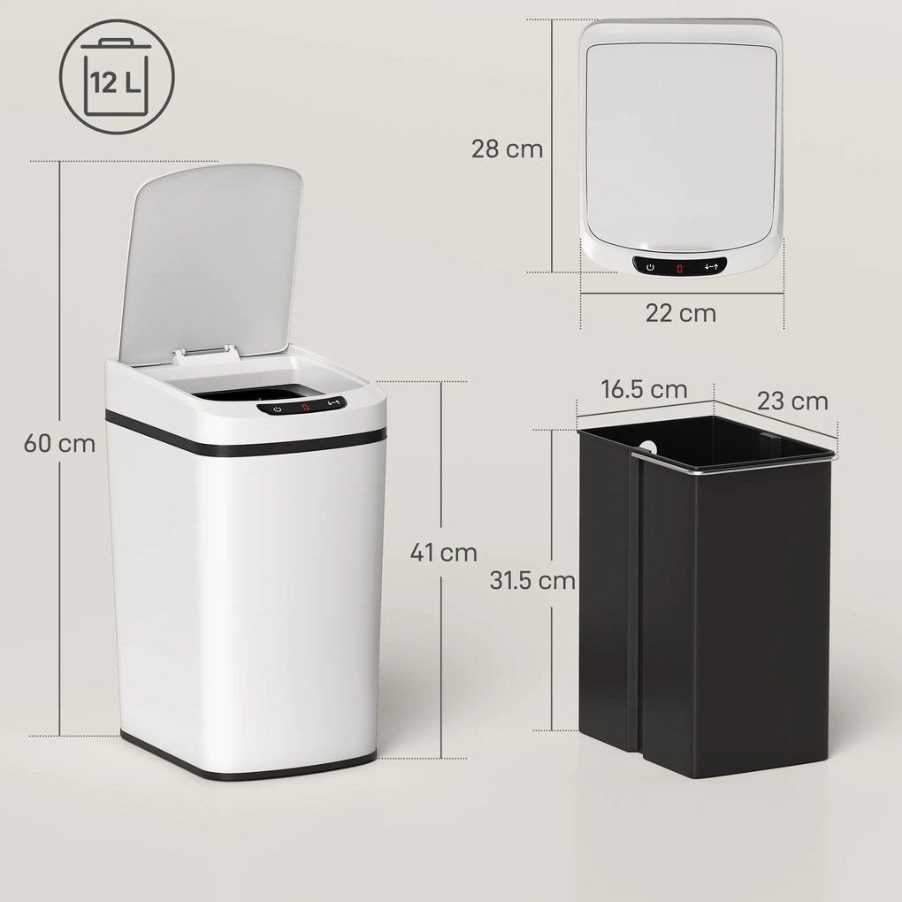 HOMCOM Coș de Gunoi de 12L cu Senzor Infraroșu, Buton Touch și Găleată Detașabilă, Coș de Gunoi din Oțel Inoxidabil, ABS și PP, 28x22x41 cm, Alb | Aosom Romania