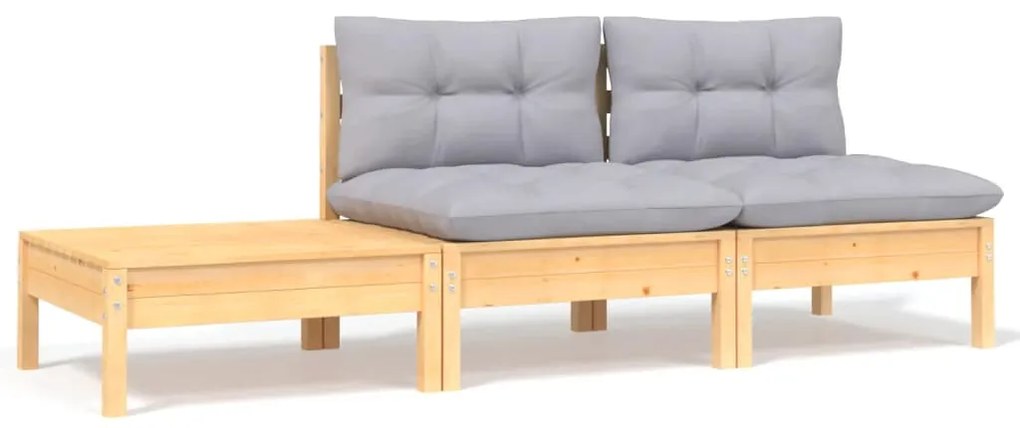 vidaXL Set mobilier de grădină cu perne gri, 3 piese, lemn masiv pin