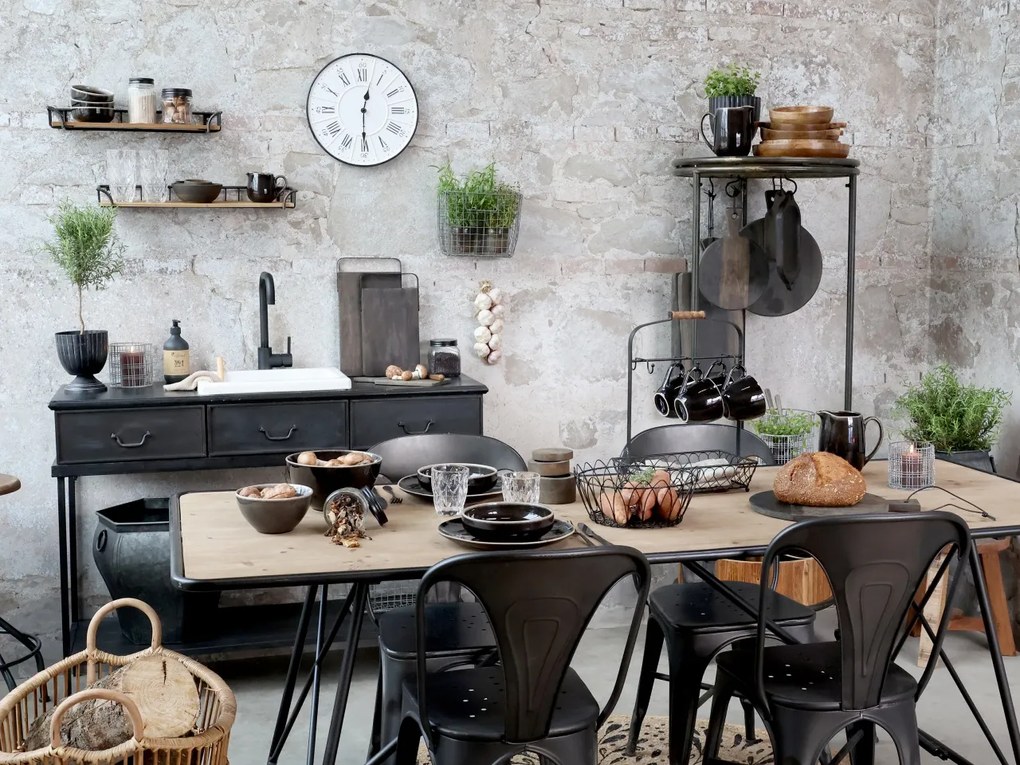 Masă de dining, blat din lemn și structură metalică, finisaj negru antichizat, Factory