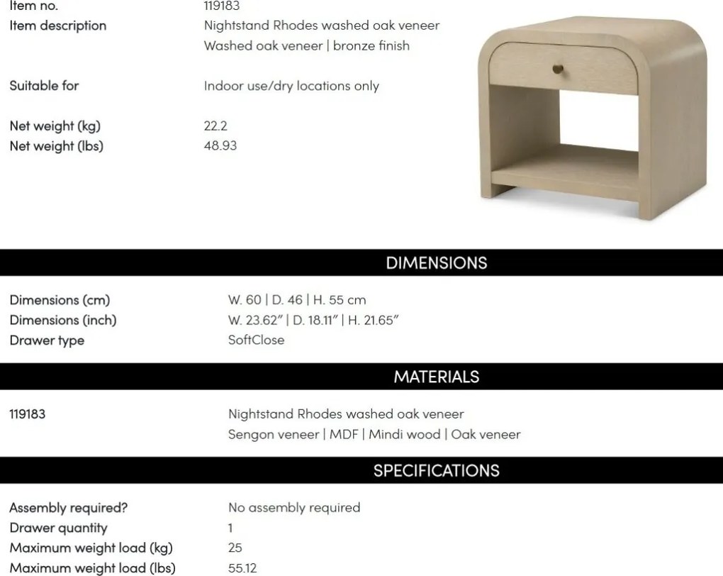 Noptiera design LUX, Furnir de stejar albit, Rhodes