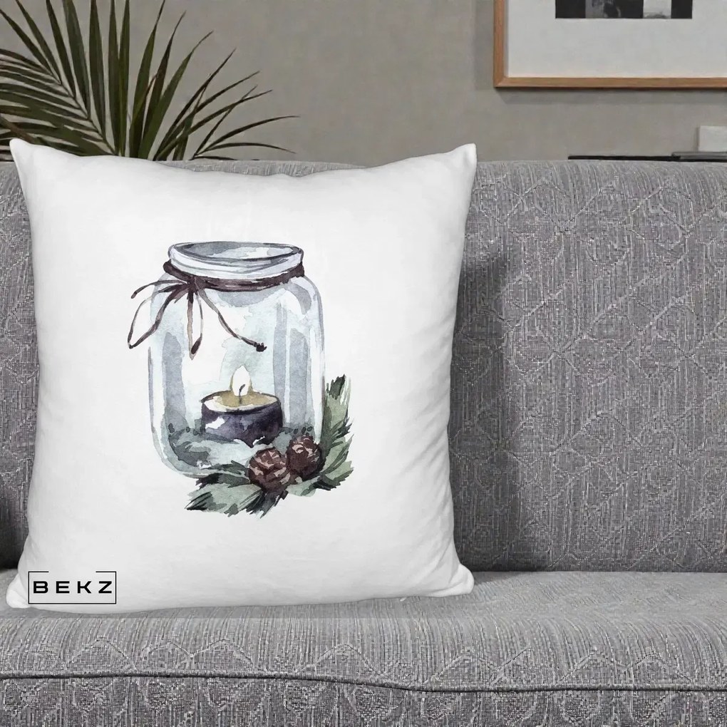 Perna Decorativa Felinar cu Lumanare si Conuri, 40x40 cm, Alb Pufos, Husa Detasabila, Perna Inclusa, BEKZ®
