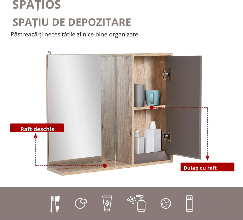 HOMCOM Dulapior Suspendat Baie cu Oglindă Raft Reglabil Design Modern Gri și Stejar | Aosom Romania