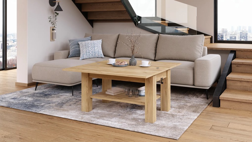 Mazzoni BRAWO Stejar Craft Auriu - MĂSUȚĂ DE CAFEA CU BLAT EXTENSIBIL ȘI RIDICABIL MASĂ CU RAFT