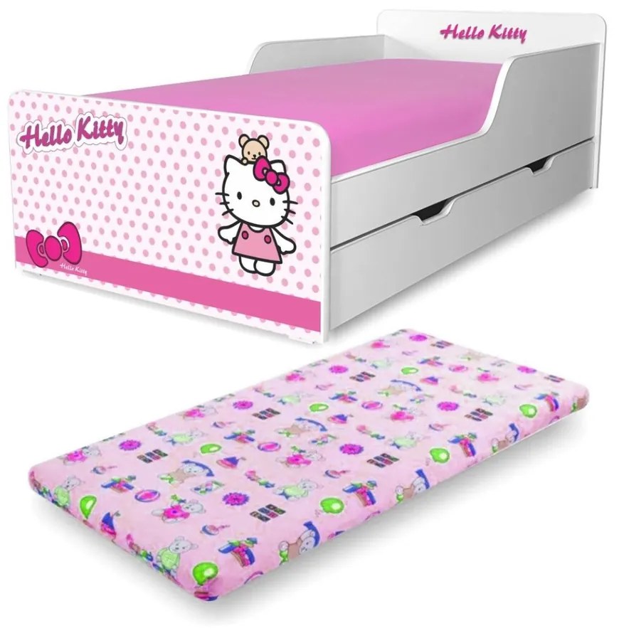Pat copii Hello Kitty 2-12 ani cu sertar si saltea inclusa