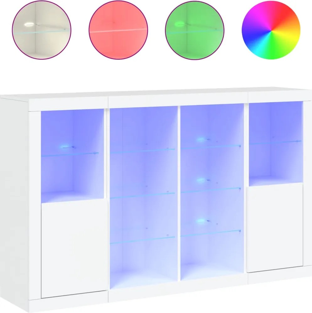 vidaXL Servantă cu lumini LED, 3 buc., alb, lemn prelucrat