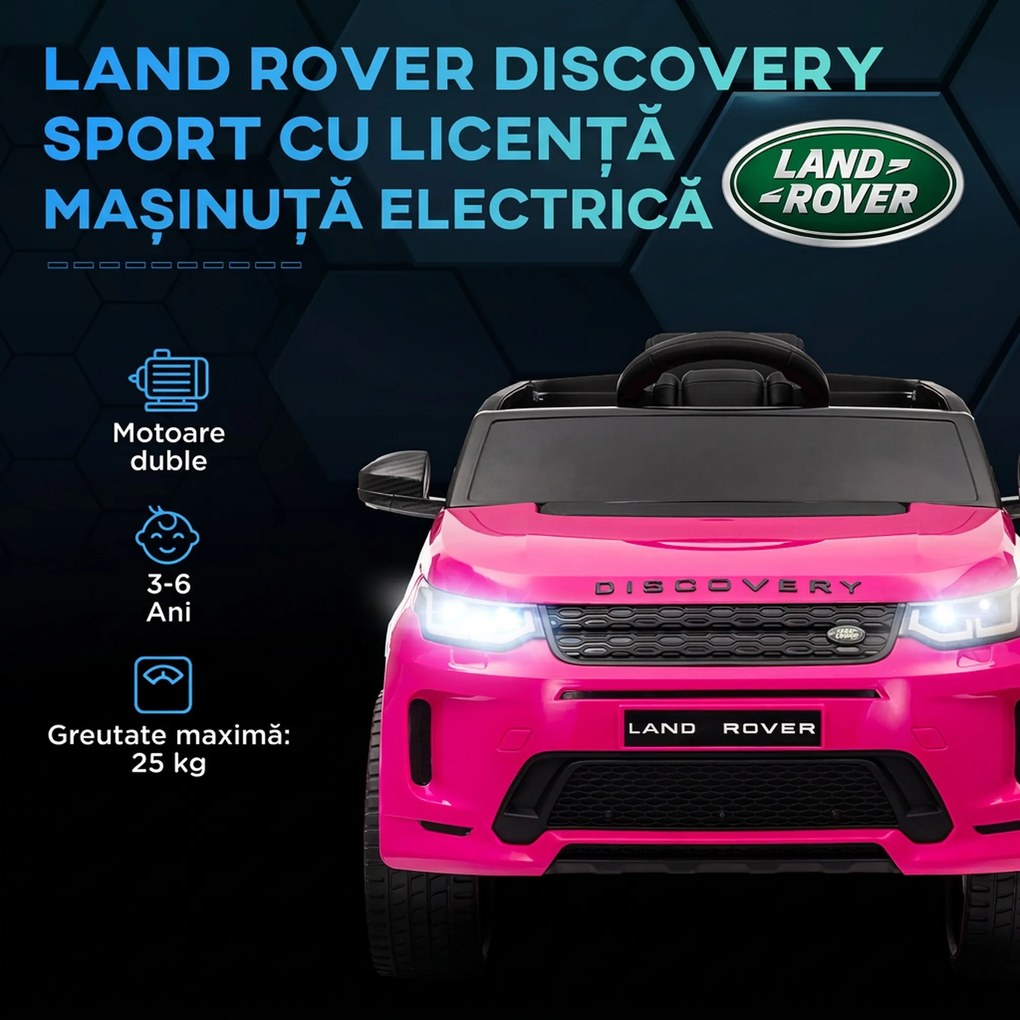 AIYAPLAY Mașină Electrică Copii cu Licență Land Rover Discovery, cu Faruri, Claxon și Centură, din Plastic și Metal, 106x65,5x51 cm, Roz | Aosom Romania
