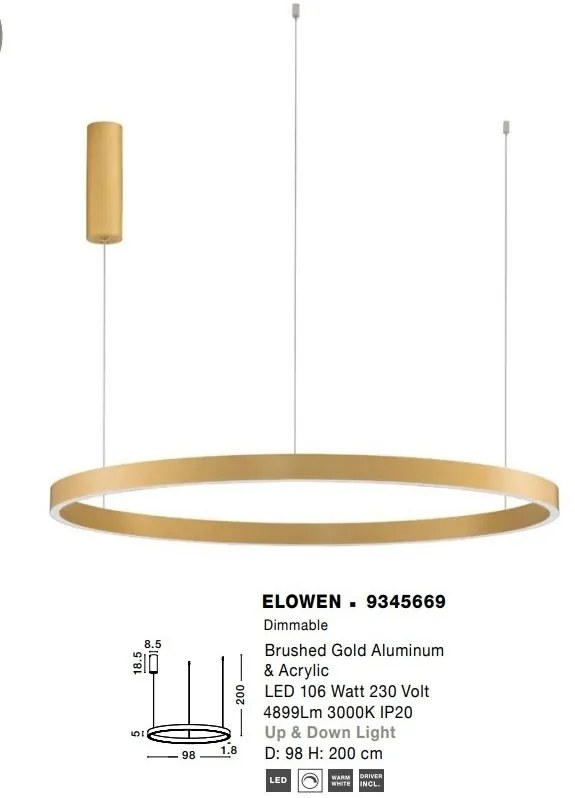 Lustra LED design circular cu iluminat sus si jos ELOWEN auriu, diametru 98cm