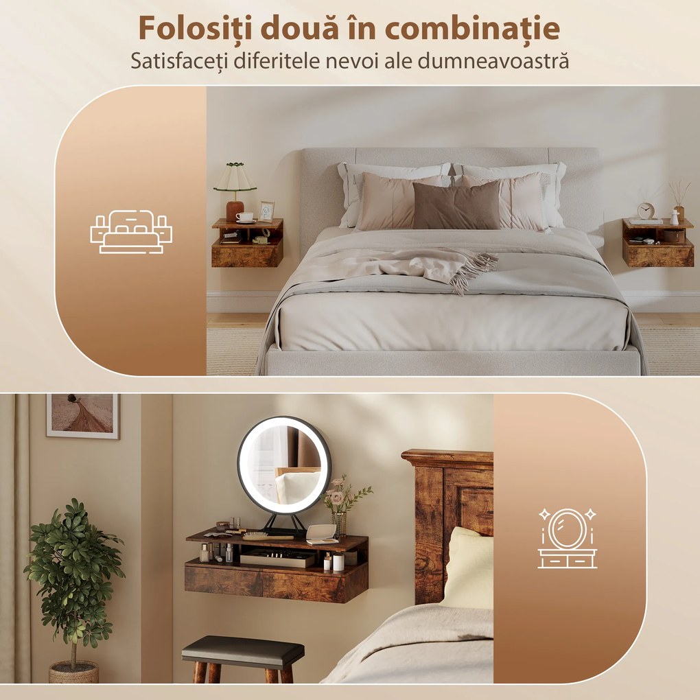 HOMCOM Set de 2 Noptiere Suspendate cu Sertar și Raft Deschis, 35x32x22.5 cm, Maro Rustic | Aosom Romania