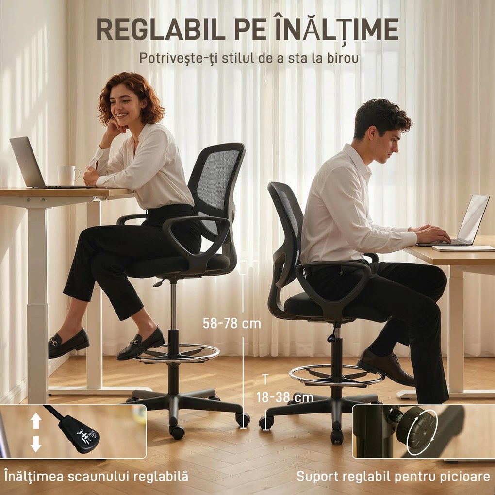HOMCOM Scaun de Birou Ergonomic Rotativ din Plasă Respirabilă, cu Suport pentru Picioare și Înălțime Reglabilă, Negru | Aosom Romania