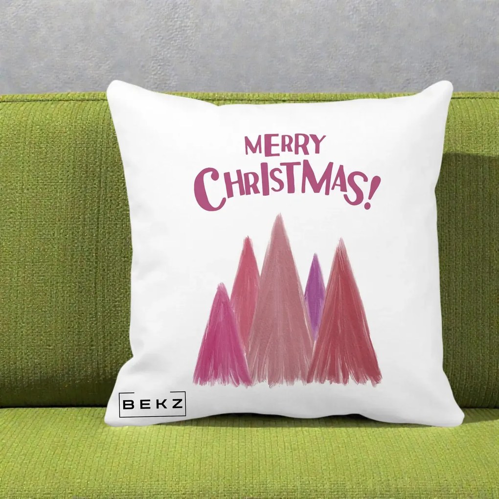 Perna Decorativa Merry Christmas Brazi Roz, 40x40 cm, Alba Mata, Husa Detasabila, Perna Inclusa, BEKZ®