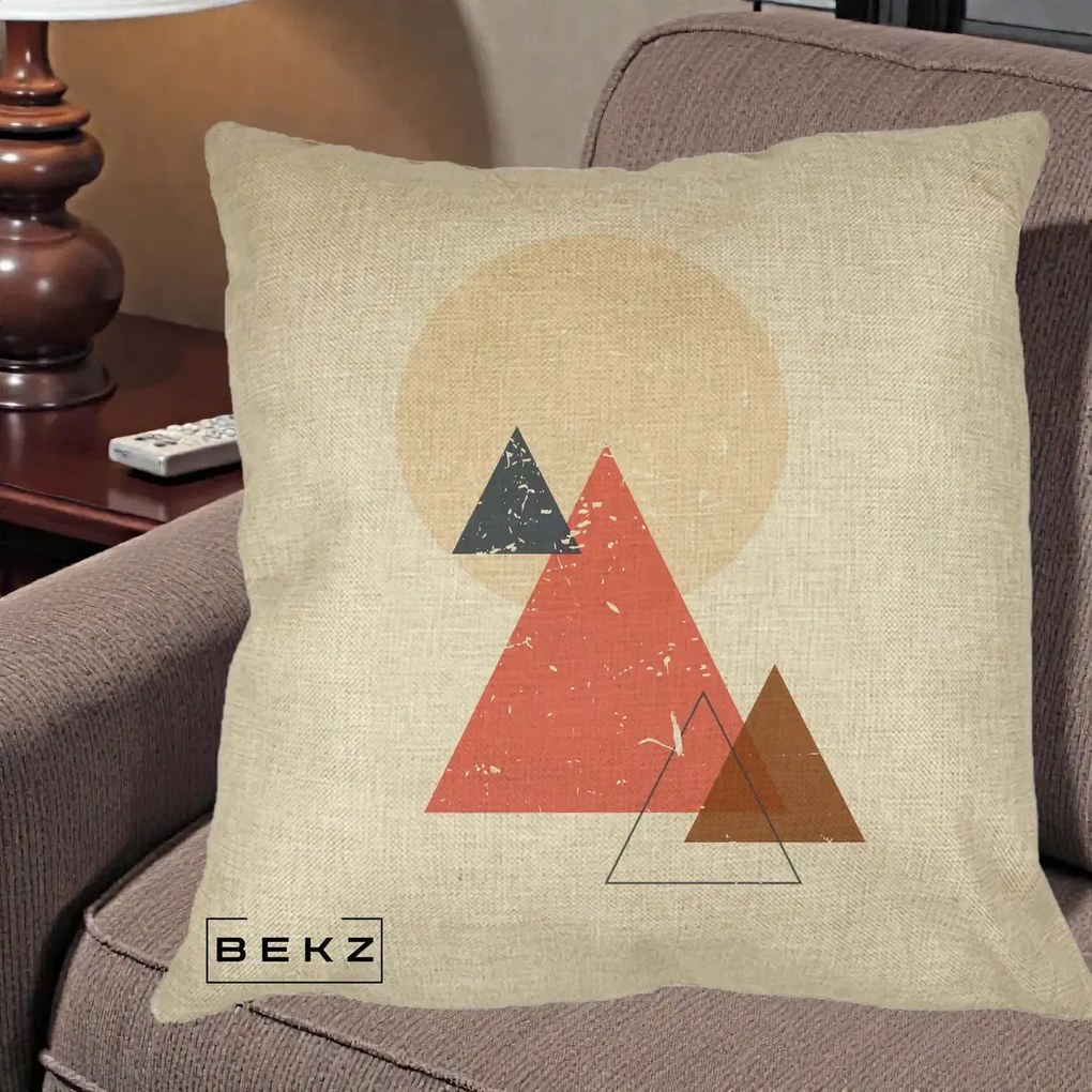 Perna Decorativa Geometric Munti si Soare, 40x40 cm, Crem, Husa Detasabila, Perna Inclusa, BEKZ®