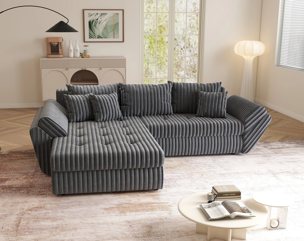 Colțar extensibil dumonde cu ladă de depozitare si sezut confortabil din spuma high-density, Loana Ambience Grey 270x185 cm