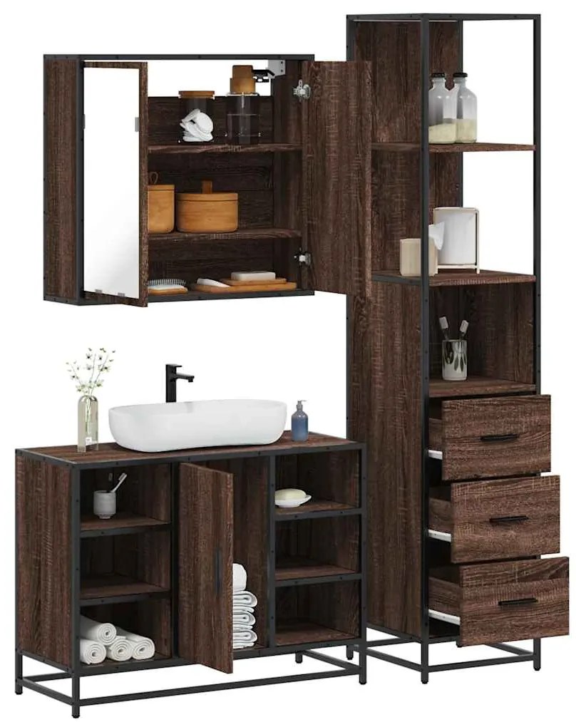 vidaXL Set mobilier de baie, 3 piese, stejar maro, lemn prelucrat