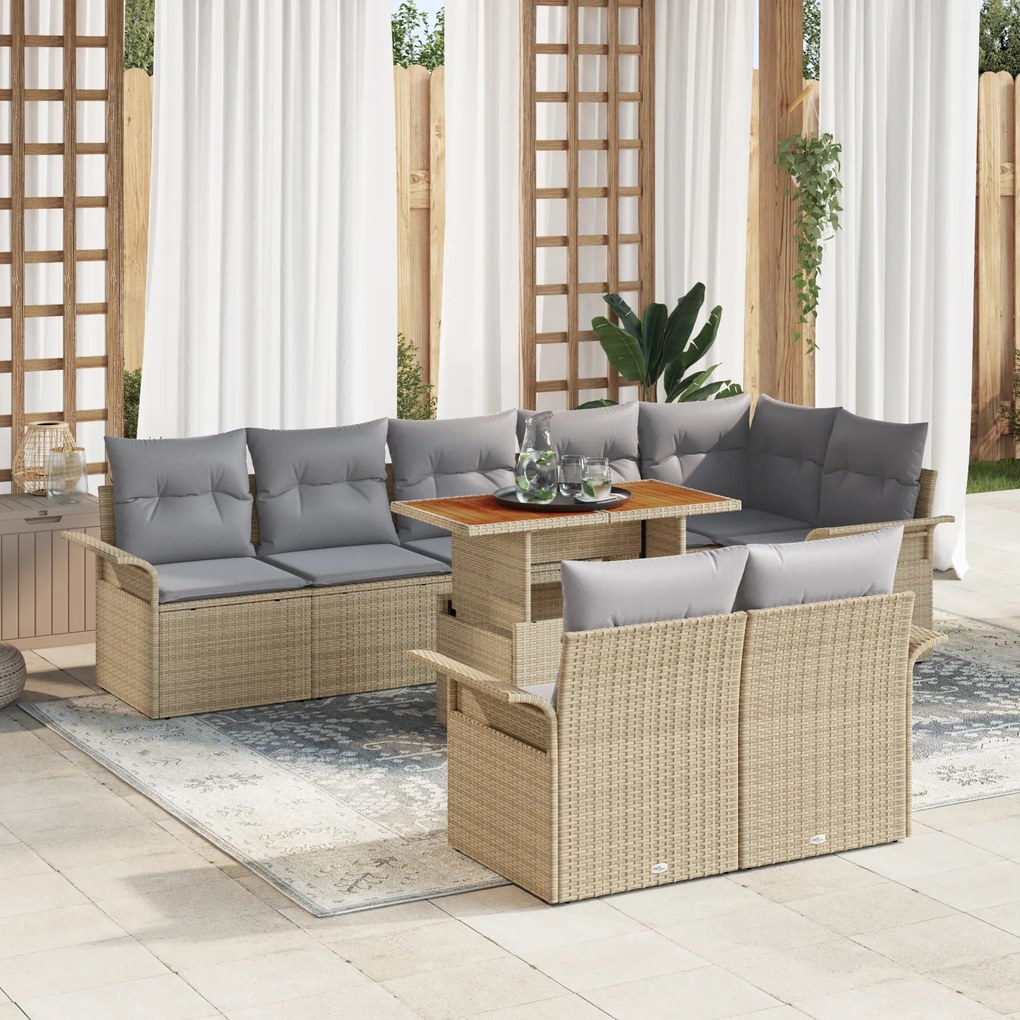 vidaXL Set de dining de grădină cu 9 piese, perne bej, din rattan și poliester, Acacia