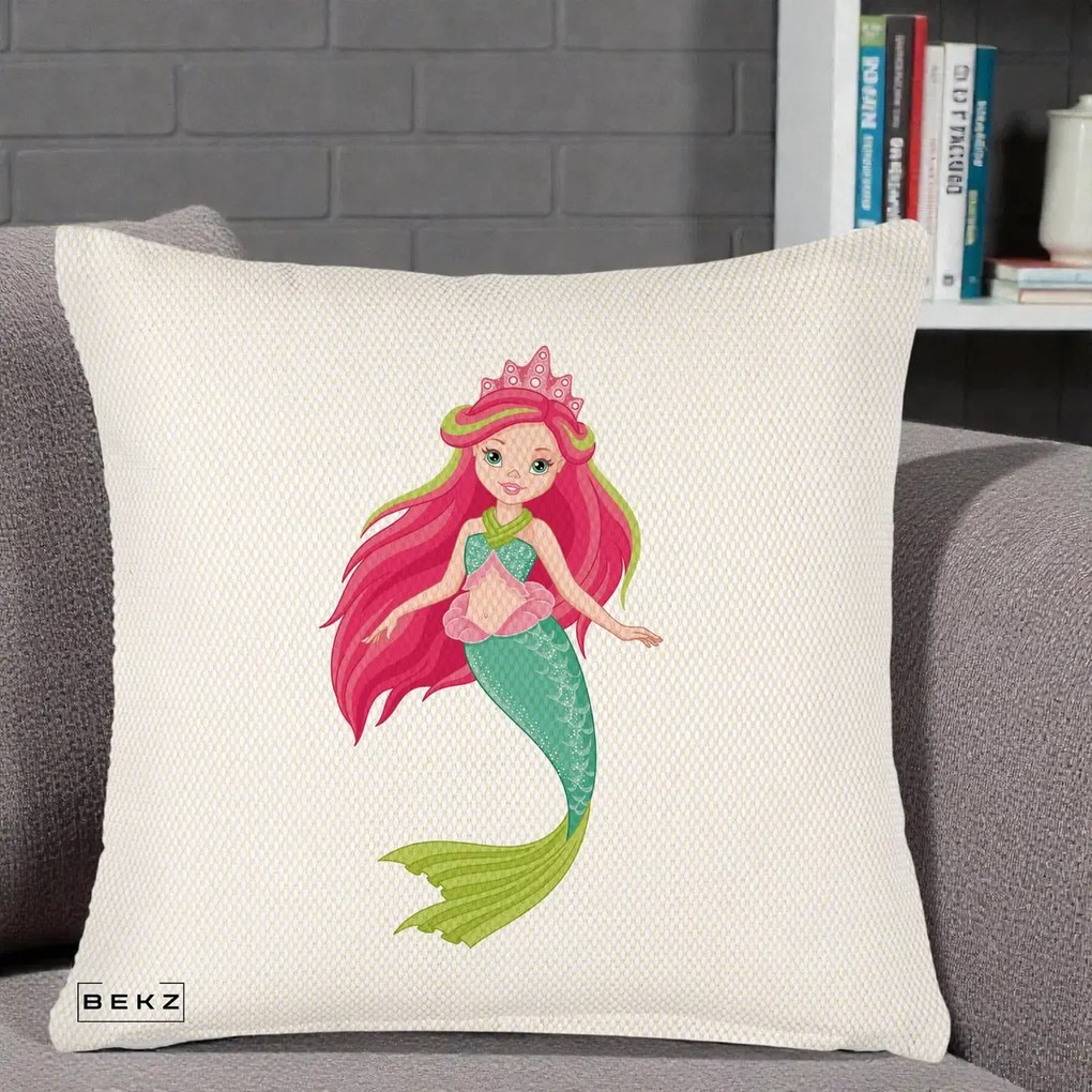 Perna Decorativa Sirena Roz cu Coroana, 40x40 cm, Crem Reliefat, Husa Detasabila, Perna Inclusa, BEKZ®