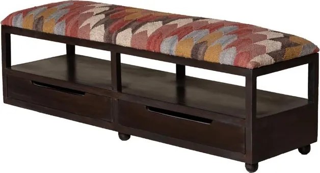 Banchetă din lemn de acacia, cu 2 sertare, tapițată cu iută și lână, multicolor, 40×138×40,5 cm, „Tikana"