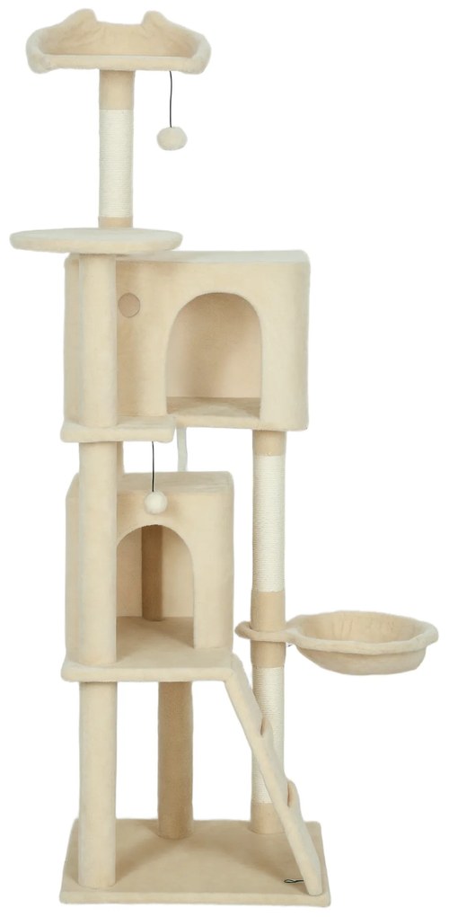 PawHut Copac zgârietură pentru pisici 160 cm cu 2 căsuțe, hamac și stâlpi sisal — Bej | Aosom Romania