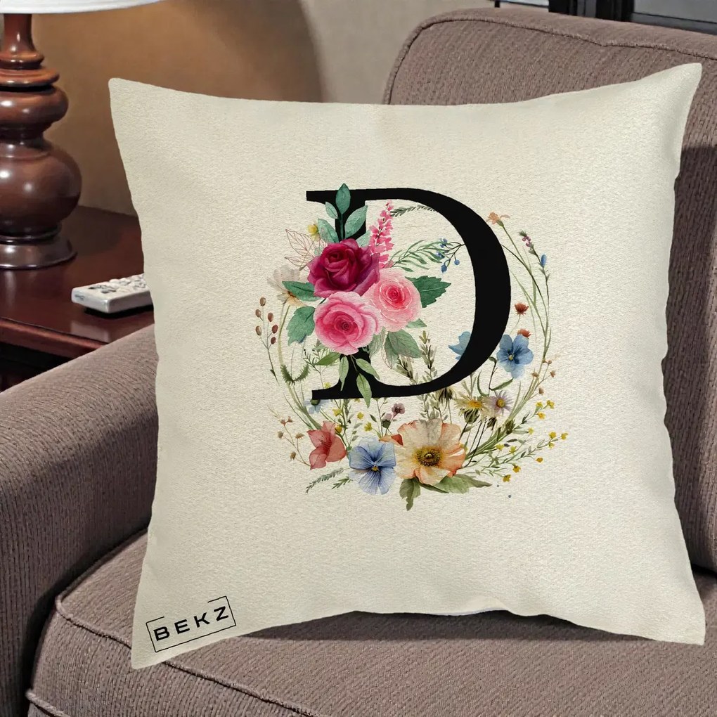 Cadou Personalizat - Perna Personalizata Monogram Litera D cu Flori Acuarela, 40x40 cm, Ecru, Husa Detasabila, Perna Inclusa, BEKZ®