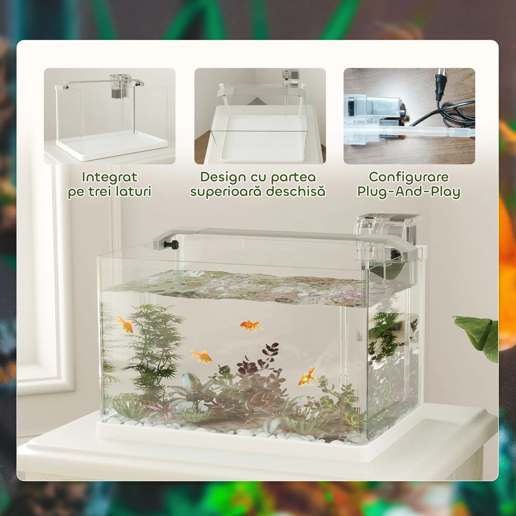 PawHut Acvariu pentru Pești Roșii din Sticlă cu Lumini LED cu Filtru și Pompă de Apă, 38x26x27 cm, Alb | Aosom Romania
