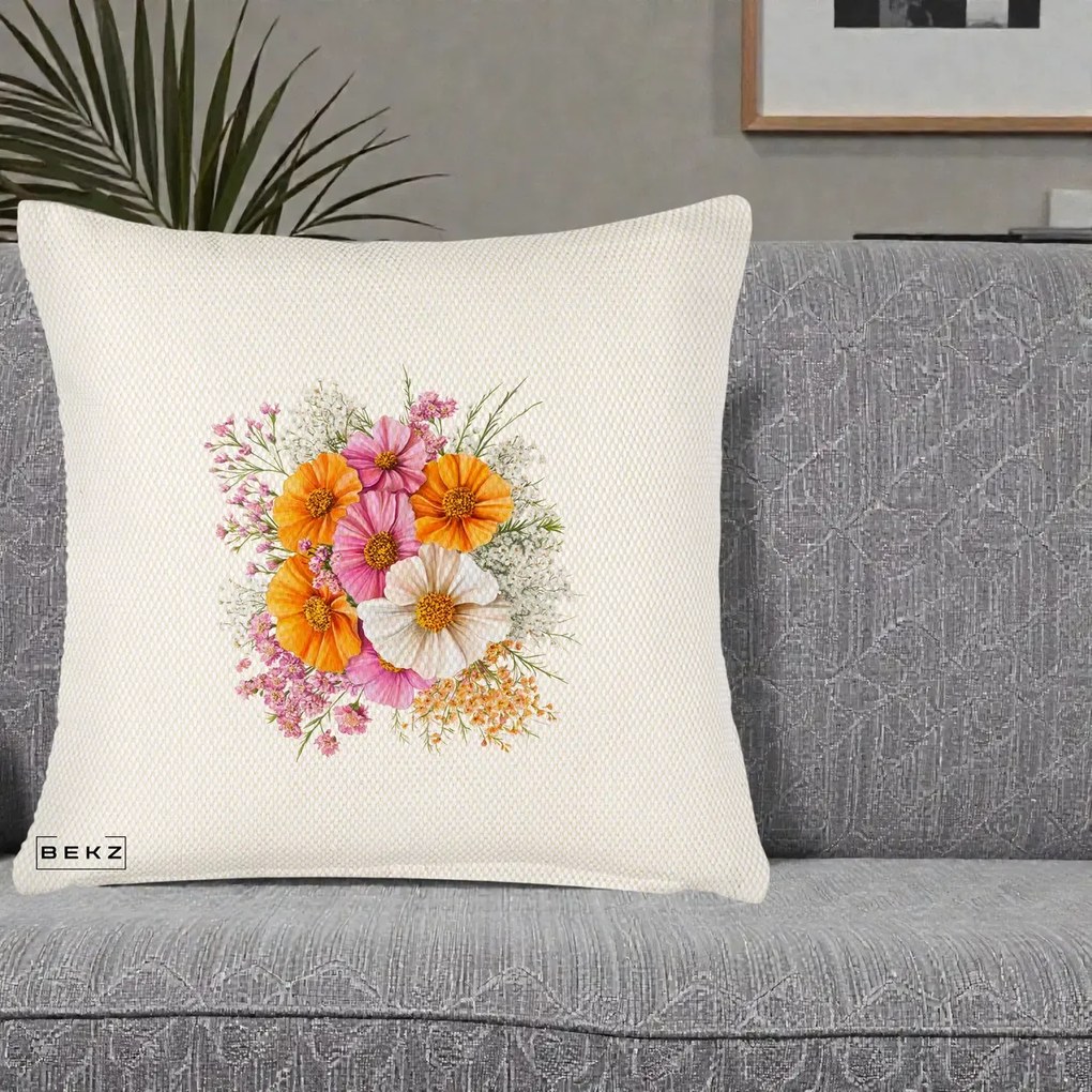 Perna Decorativa Buchet Cosmos Portocaliu Roz si Alb, 40x40 cm, Crem Reliefat, Husa Detasabila, Perna Inclusa, BEKZ®