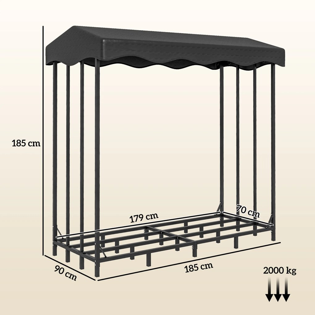 Outsunny Suport pentru Lemne de Exterior cu Acoperire, Suport Metalic Ranforsat pentru Lemne, 185x90x185 cm, Negru | Aosom Romania