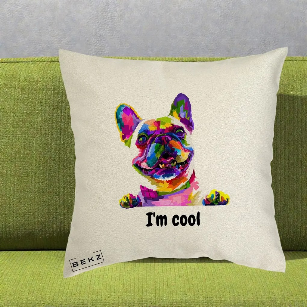 Perna Personalizata Bulldog Francez I'm Cool, 40x40 cm, Ecru, Husa Detasabila, Perna Inclusa, BEKZ®