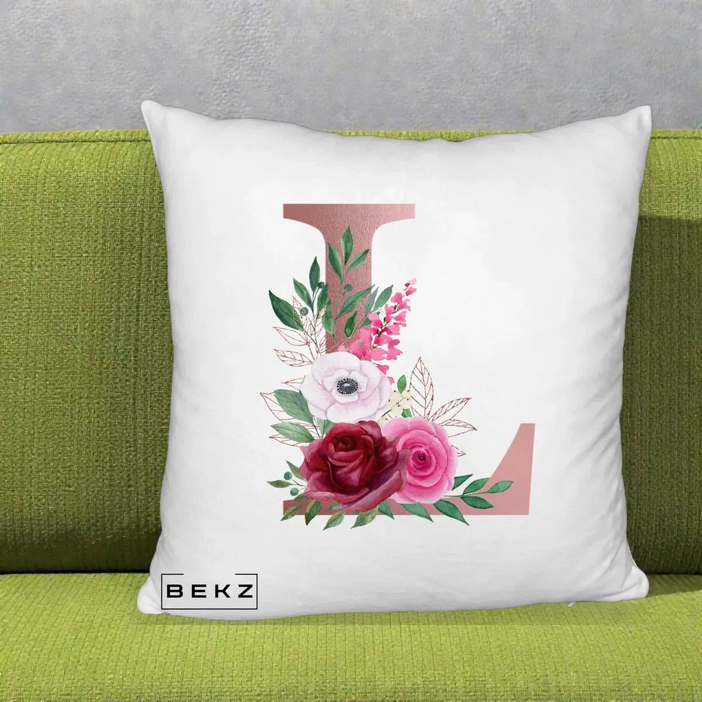Cadou Personalizat - Perna Personalizata Monograma Rose Gold Litera L, 40x40 cm, Alb Pufos, Husa Detasabila, Perna Inclusa, BEKZ®