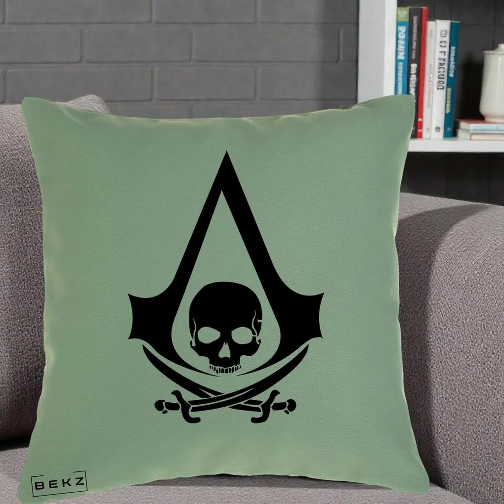 Perna Personalizata Assassin's Creed Black Flag Skull, 40x40 cm, Verde, Husa Detasabila, Perna Inclusa, BEKZ®