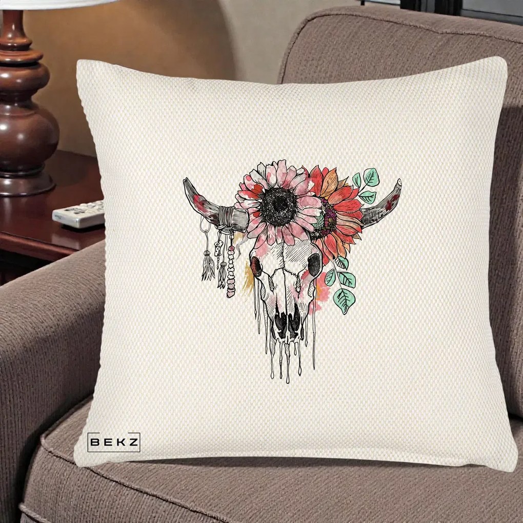Perna Decorativa Craniu Boho Floral, 40x40 cm, Crem Reliefat, Husa Detasabila, Perna Inclusa, BEKZ®