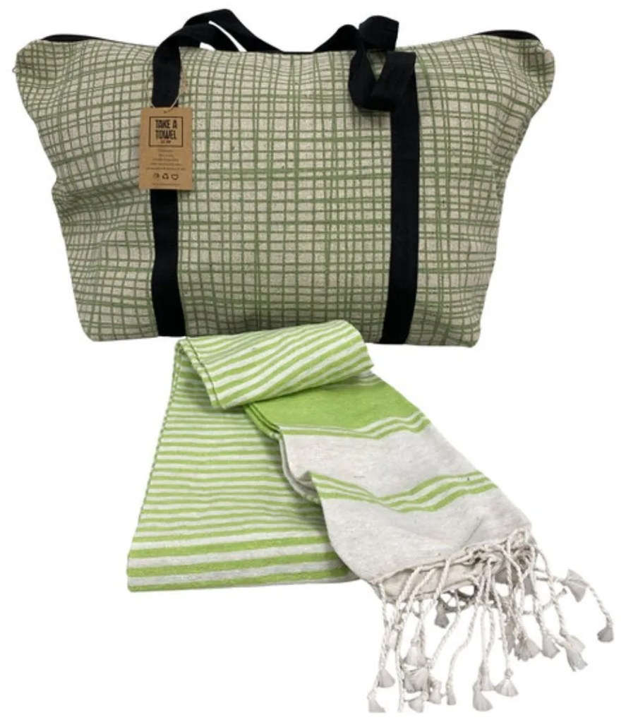 Set elegant geanta de plaja + prosop HAMAM 75x150 cm, verde