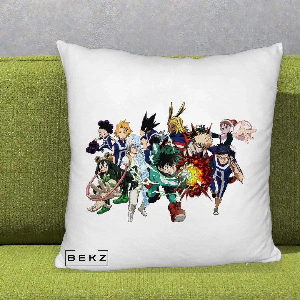 Perna Personalizata My Hero Academia Clasa 1-A Complet, 40x40 cm, Alb Pufos, Husa Detasabila, Perna Inclusa, BEKZ®