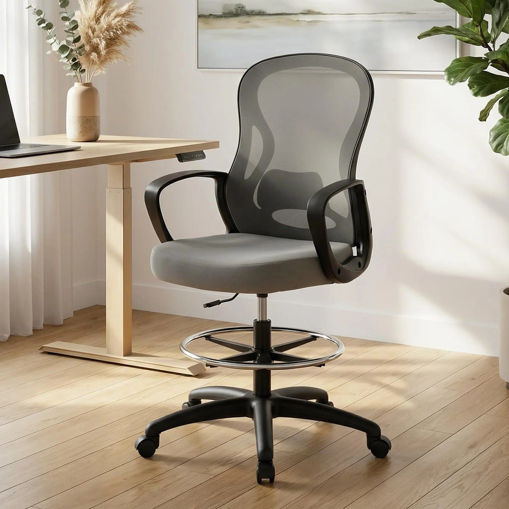 Vinsetto Scaun de birou ergonomic, fotoliu de birou cu suport pentru picioare și cotiere, din mesh, 59 x 65 x 123 cm, Gri | Aosom Romania