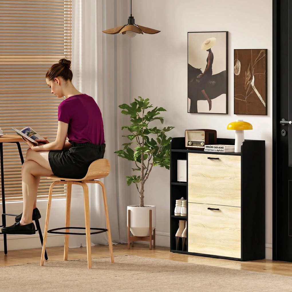 HOMCOM Dulap pentru pantofi slim cu 2 sertare și 3 compartimente deschise, Capacitate 15 perechi, 83x24x90.5 cm, Negru | Aosom Romania