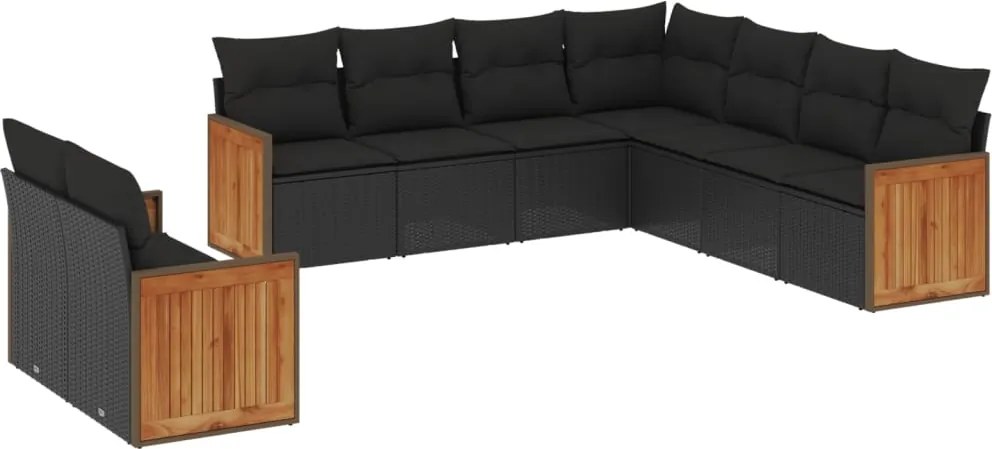 vidaXL Set mobilier de grădină cu perne, 9 piese, negru, poliratan