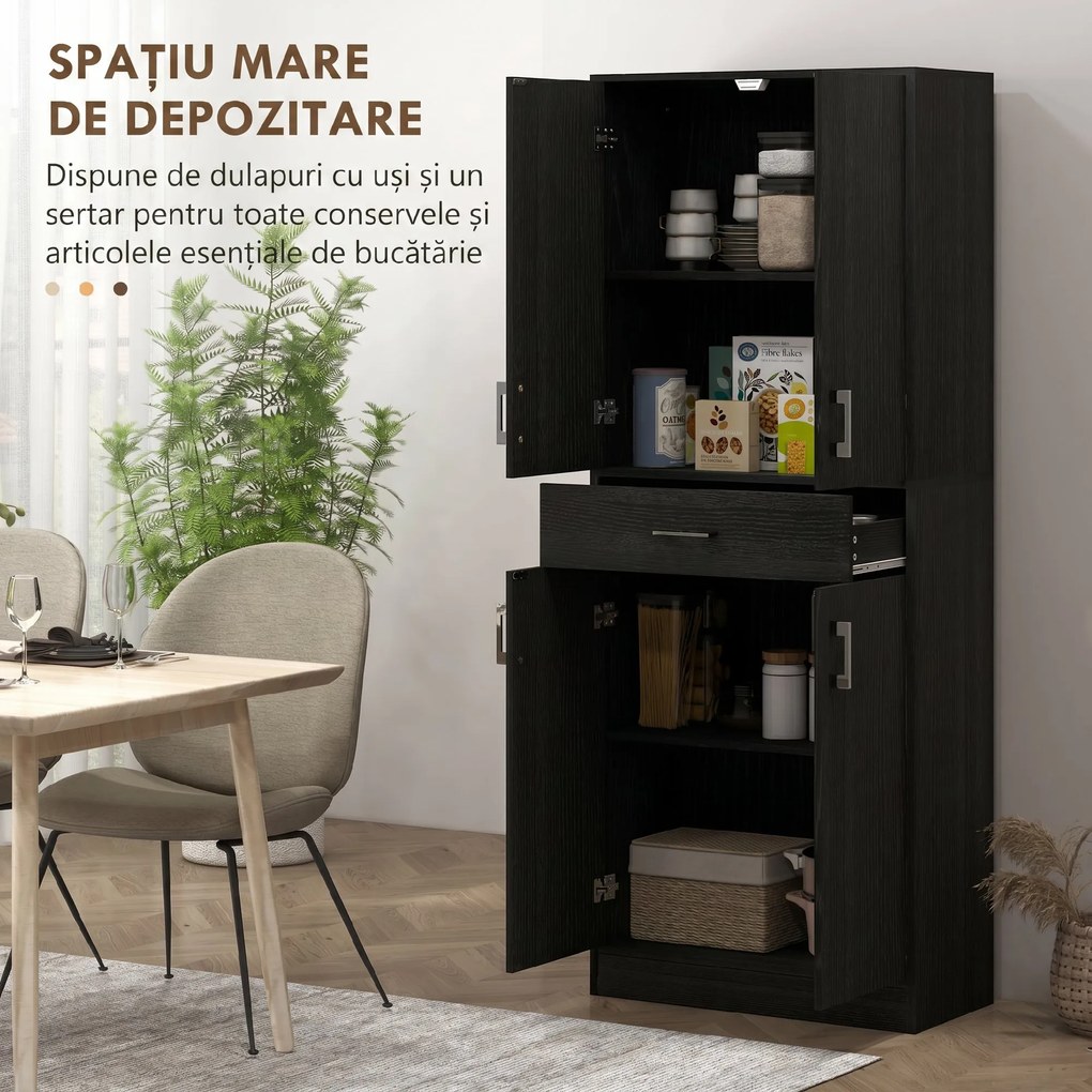 HOMCOM Dulap Bucătărie Înalt cu 4 Uși, Sertar Mare, Polițe Reglabile, 70,8 x 34 x 180 Cm, Negru | Aosom Romania