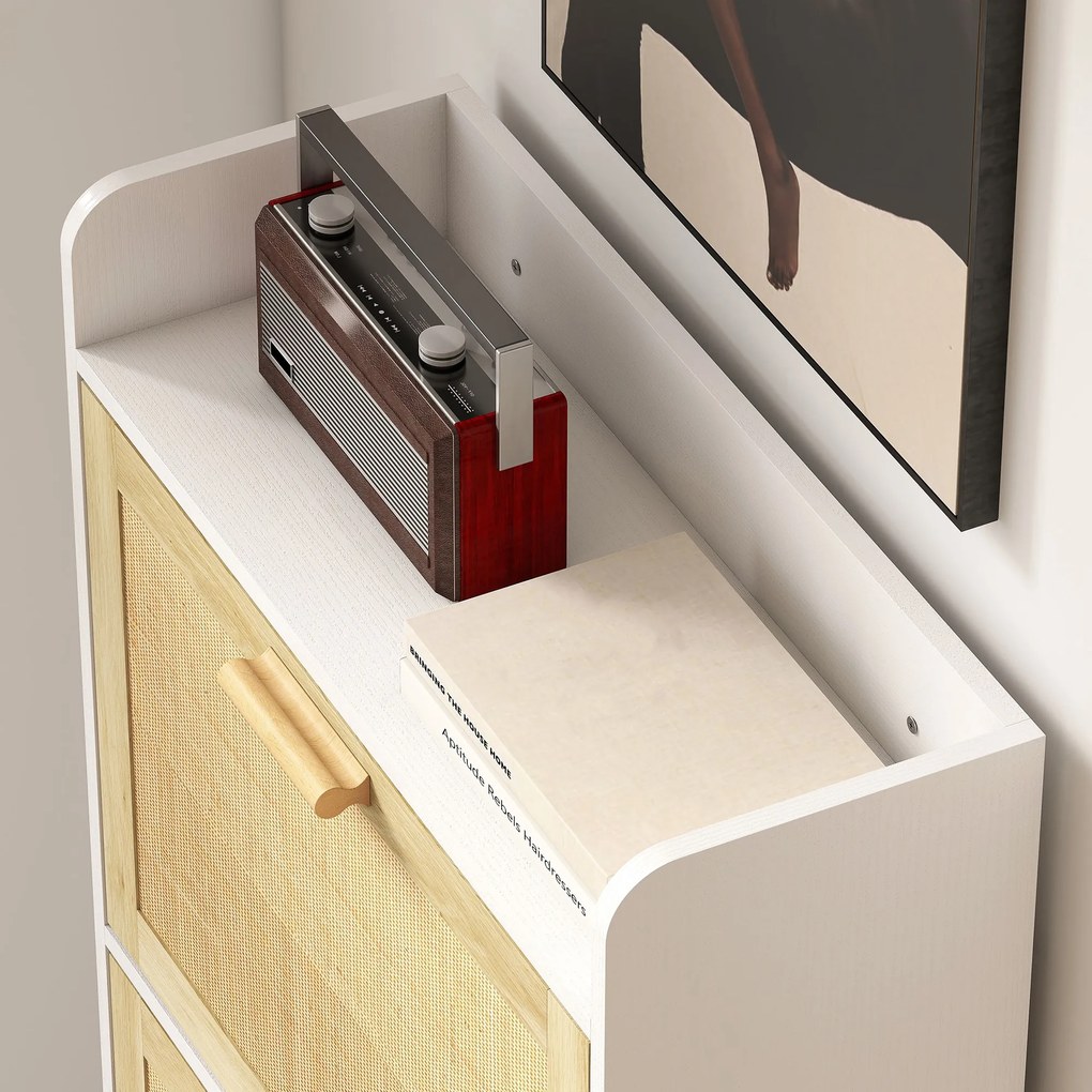 HOMCOM Dulap pentru pantofi 3 uși rabatabile etajeră efect rășină împletită design boem 65 x 24,5 x 153 cm alb | Aosom Romania