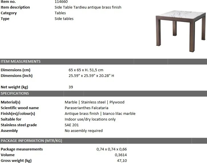 Masuta laterala LUX cu blat din marmura Tardieu 114660 HZ