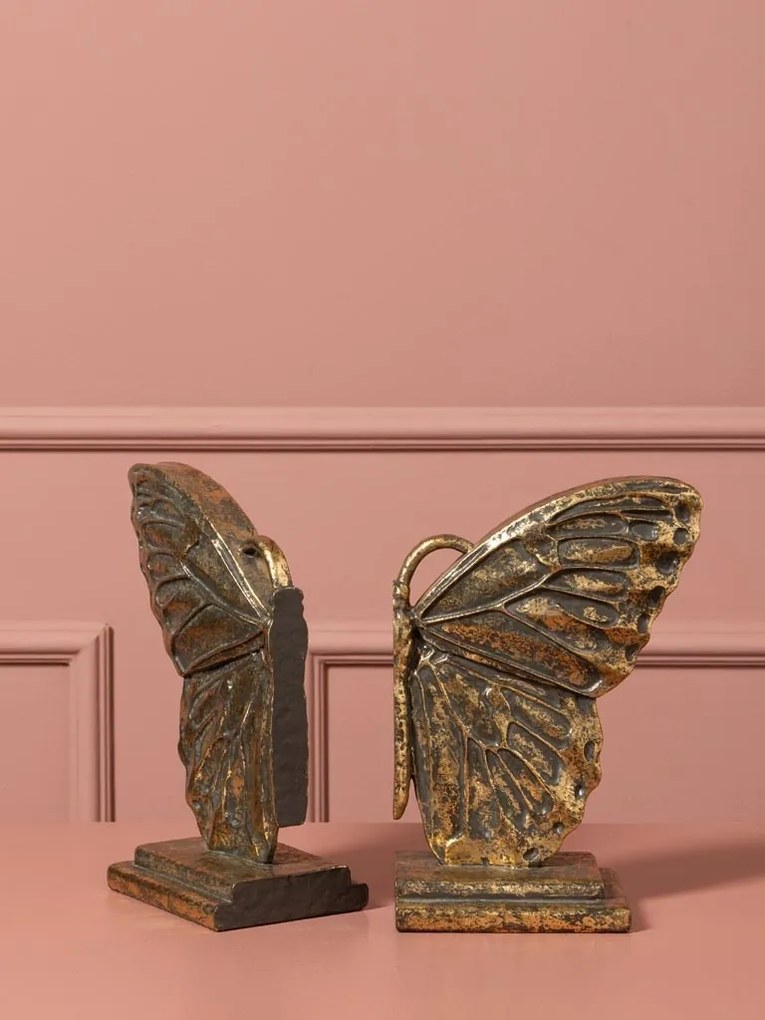 Set 2 suporturi pentru cărți din rășină, auriu, model aripi de fluture cu desen în relief și margine perlată, bază în trepte, finisaj patinat, 20,5 x