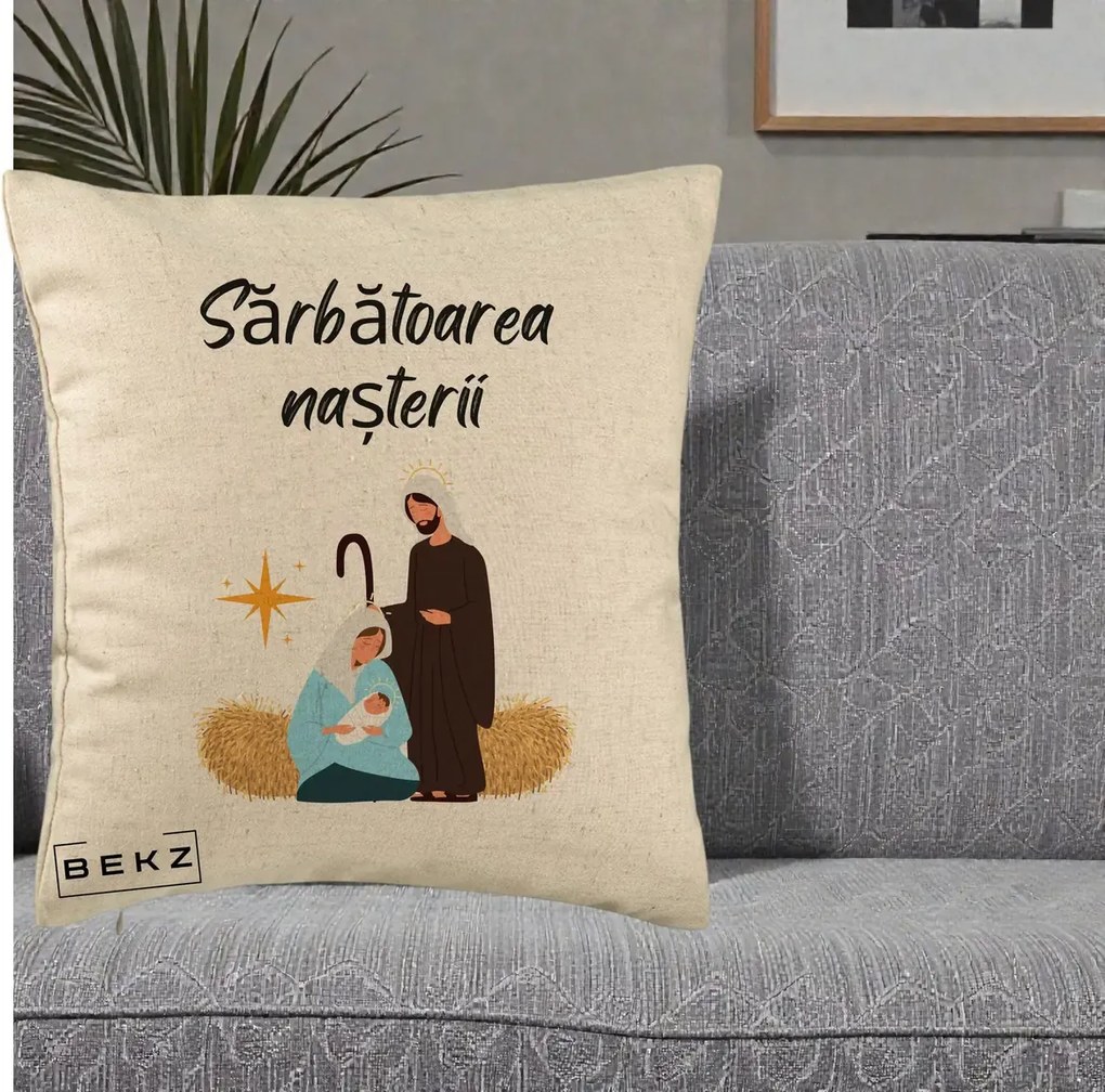 Perna Decorativa Nasterea Domnului Sfanta Familie Sarbatoarea Nasterii, 40x40 cm, Bej, Husa Detasabila, Perna Inclusa, BEKZ®