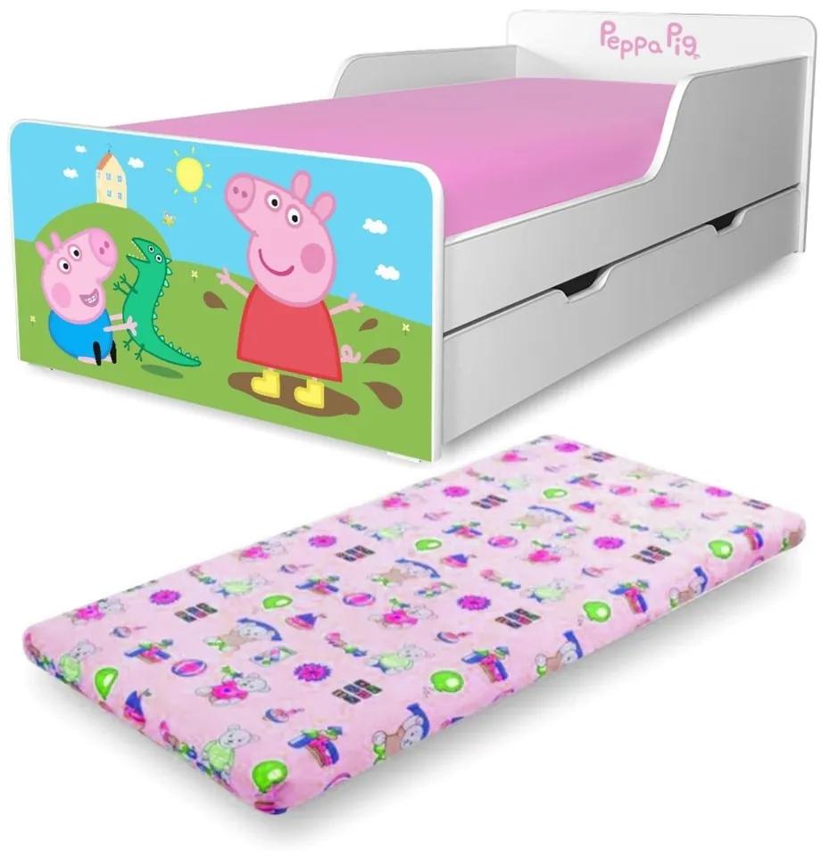 Pat copii Peppa Pig 2-12 ani cu sertar si saltea inclusa