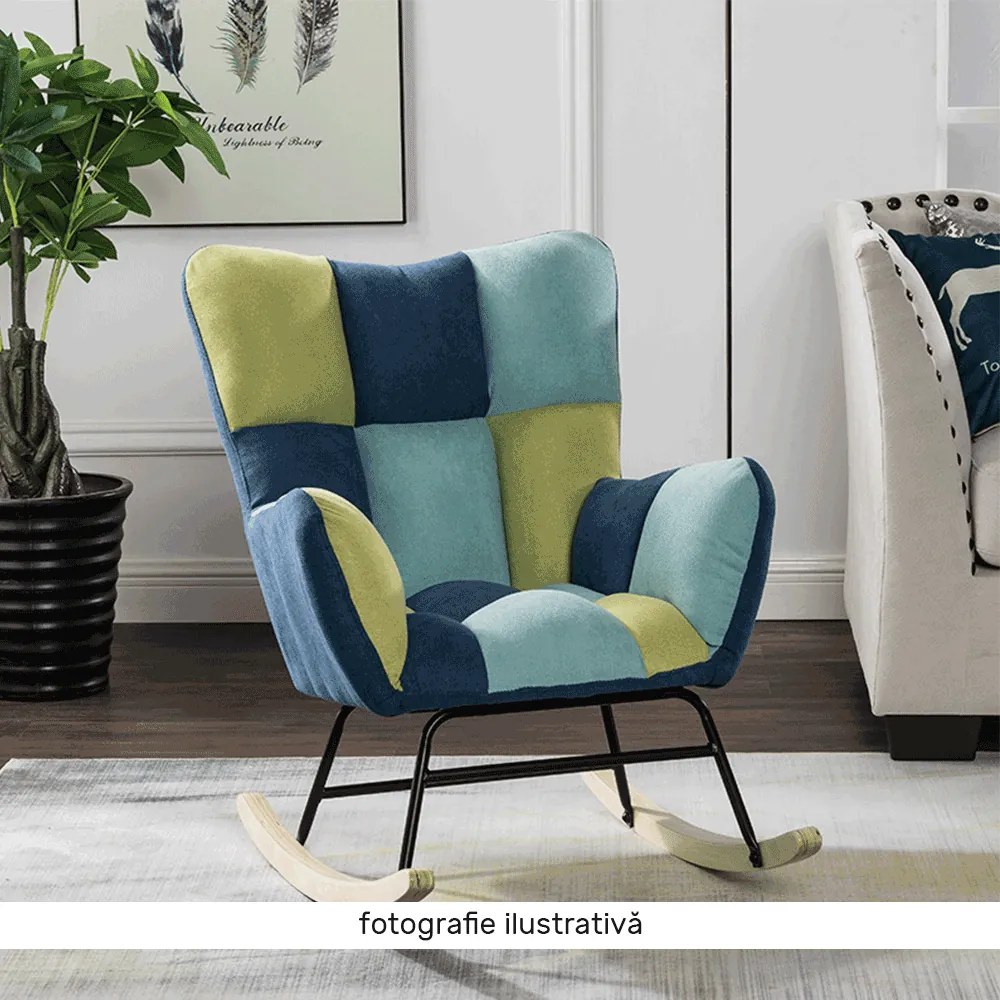 Scaun balansoar design, patchwork albastru / verde, KEMARO