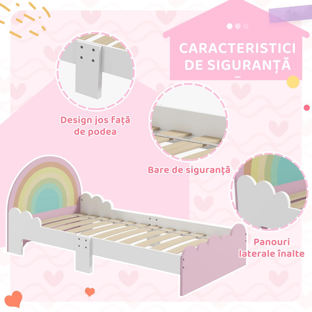 ZONEKIZ Cadru Pat Pentru Copii Mici, Mobilier Dormitor Copii Design Curcubeu Pentru Copii Cu Varsta Cuprinsa Intre 3-6 ani, 143 x 74 x 66 cm, Roz