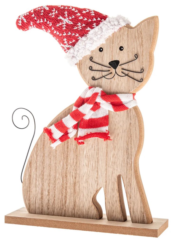Pisică din lemn cu eșarfă și căciulă tricotate, 29cm